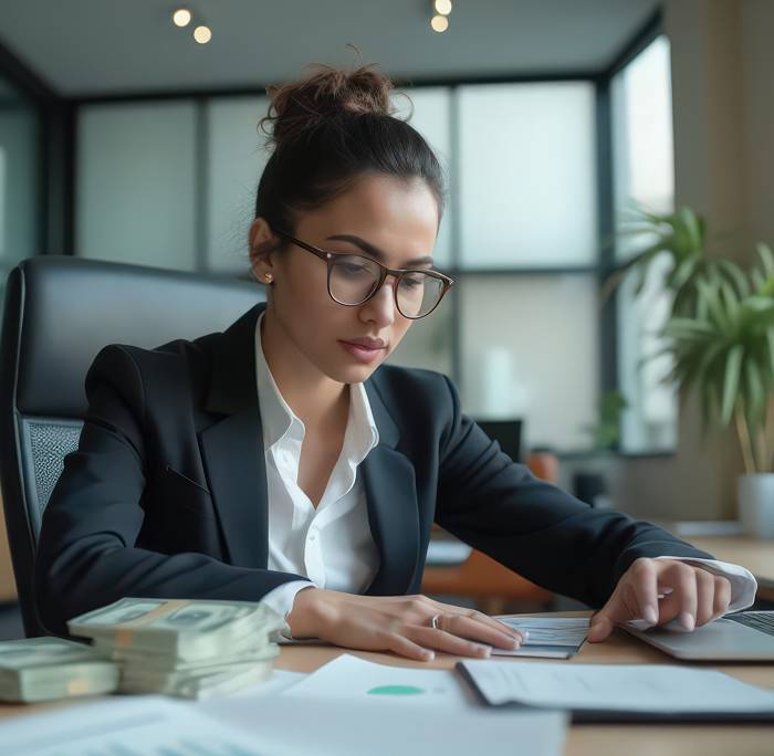 Startup founders studying financial report structure